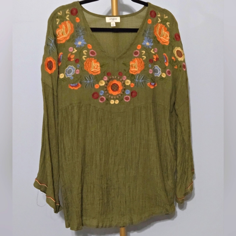 Umgee Olive Green V-Neck Boho Blouse with Colorful Floral Embroidery